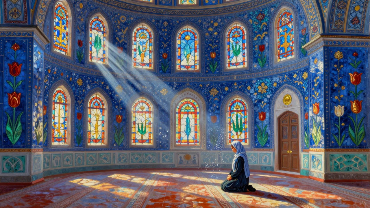 Interior of the Blue Mosque with sunlight illuminating thousands of blue and gold Iznik tiles, a woman praying quietly near the mihrab.