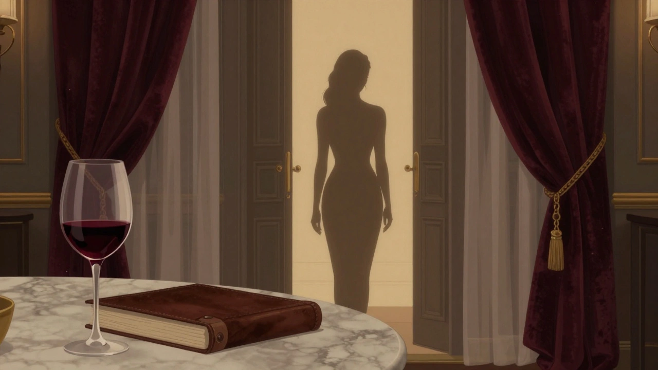 Luxury apartment interior with soft candlelight, velvet drapes, and a mysterious silhouette in the doorway.