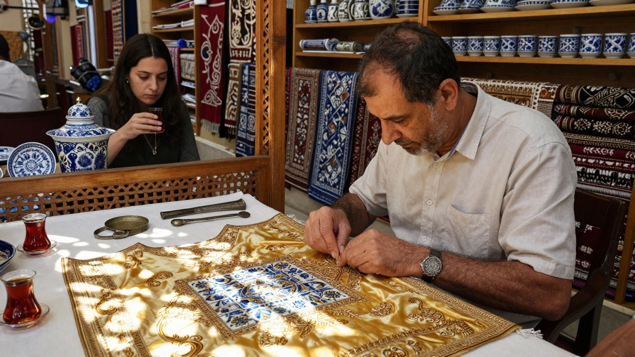 Master embroiderer hand-stitching a gold-thread kaftan in a sunlit Ottoman-era bazaar.