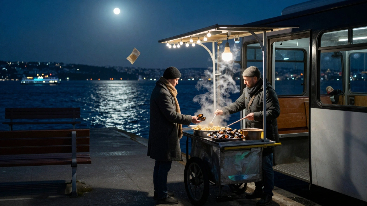 Night bus stop at Bosphorus dock where a vendor serves stuffed mussels to a traveler.