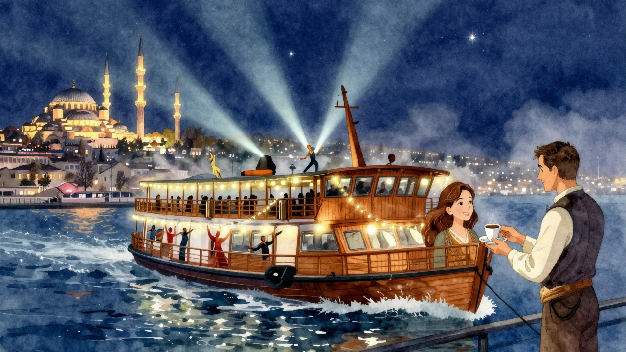 Nighttime boat party on the Bosphorus, dancers under stars with mosque silhouettes and glowing city skyline.