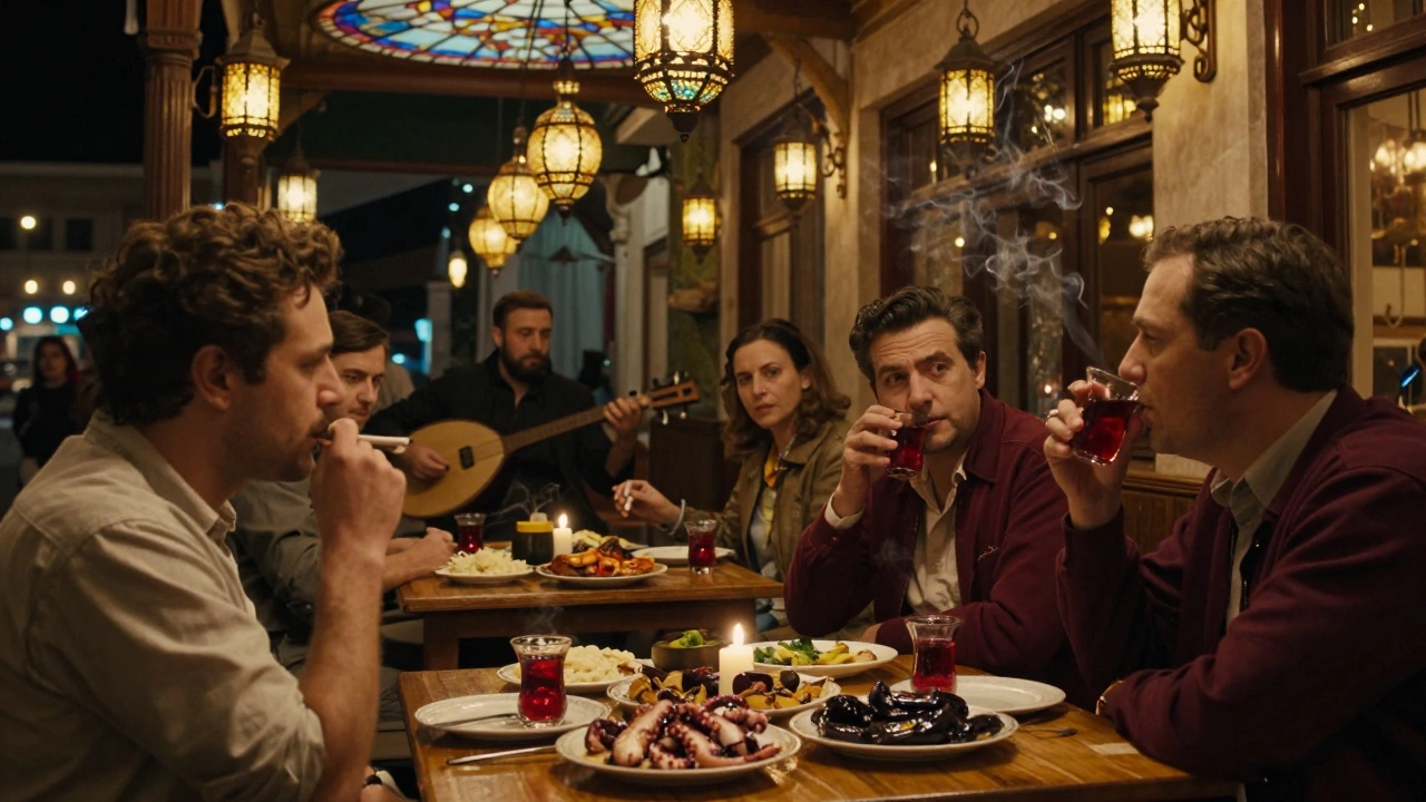 Patrons dining on meze and drinking rakı in the lantern-lit, stained-glass ceiling arcade of Çiçek Pasajı at night.