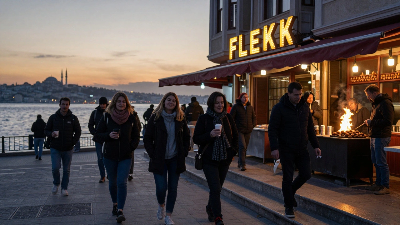 Patrons leaving Flekk at dawn, walking past fish market as sunrise glows over the Sea of Marmara.