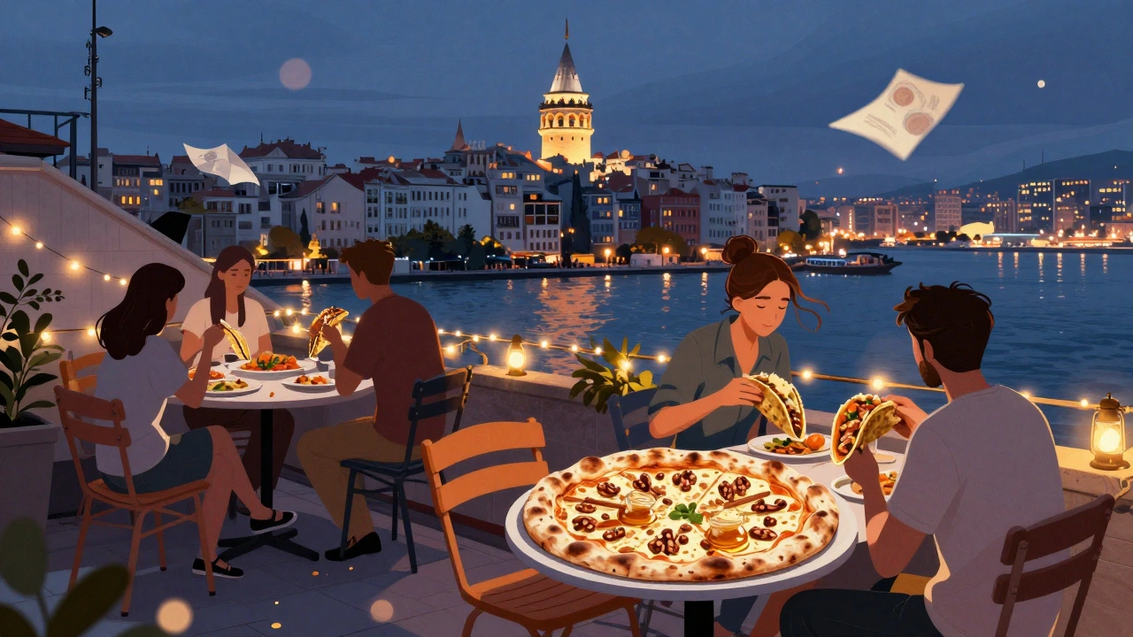 Rooftop diners at Karaköy Güvercinlik with fusion Turkish dishes and the glowing Galata Tower over the Golden Horn.