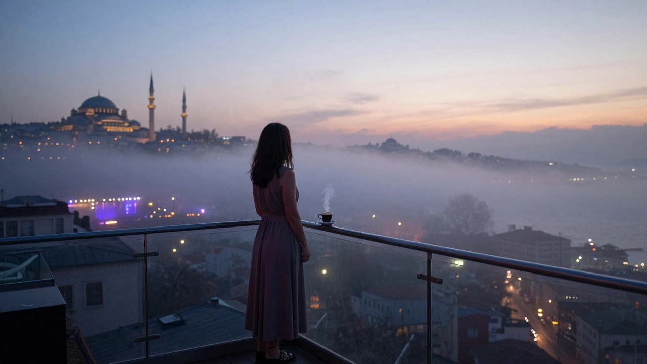 Solitary figure on a glass balcony at dawn, overlooking Istanbul’s skyline after a night of dancing.