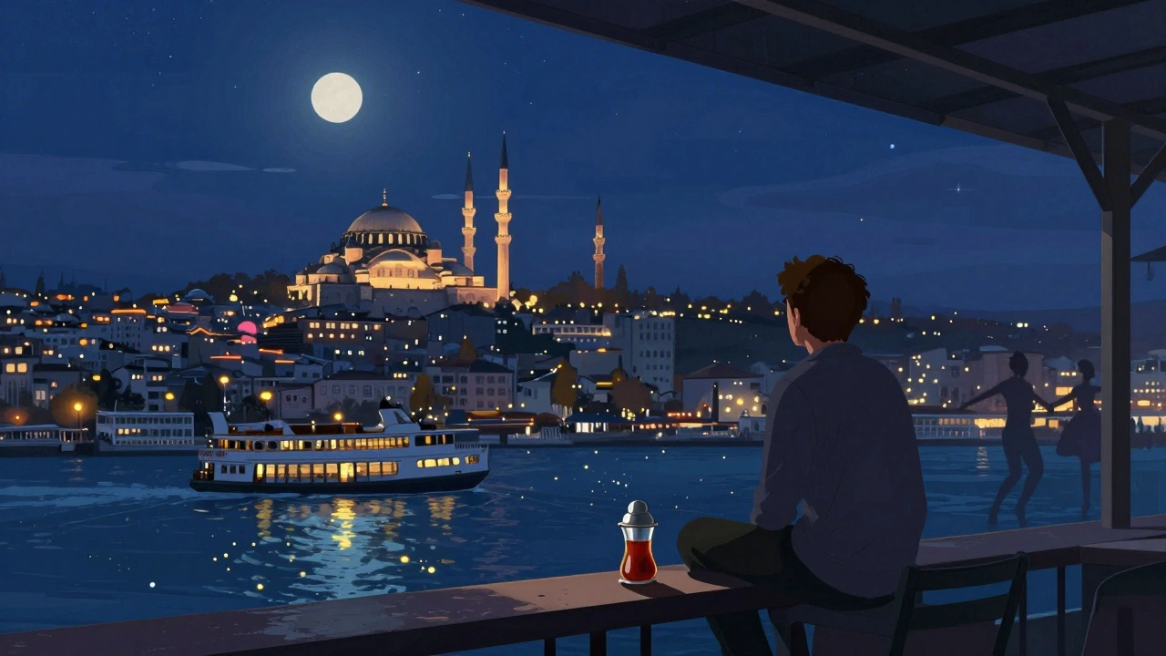 Solo visitor on a terrace at night, gazing at the Bosphorus and illuminated mosques under a starry sky.
