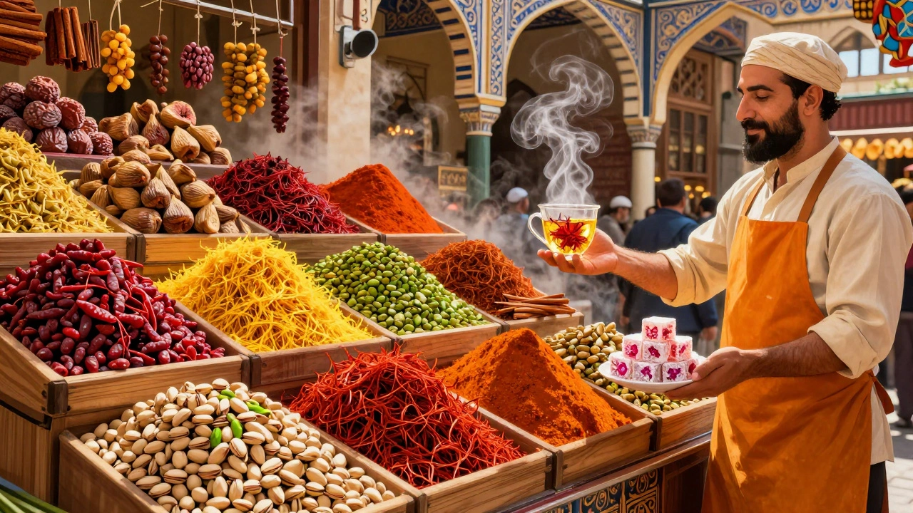 Spice Bazaar overflow with vivid spices and saffron steeping in golden tea, a vendor offering Turkish delight.