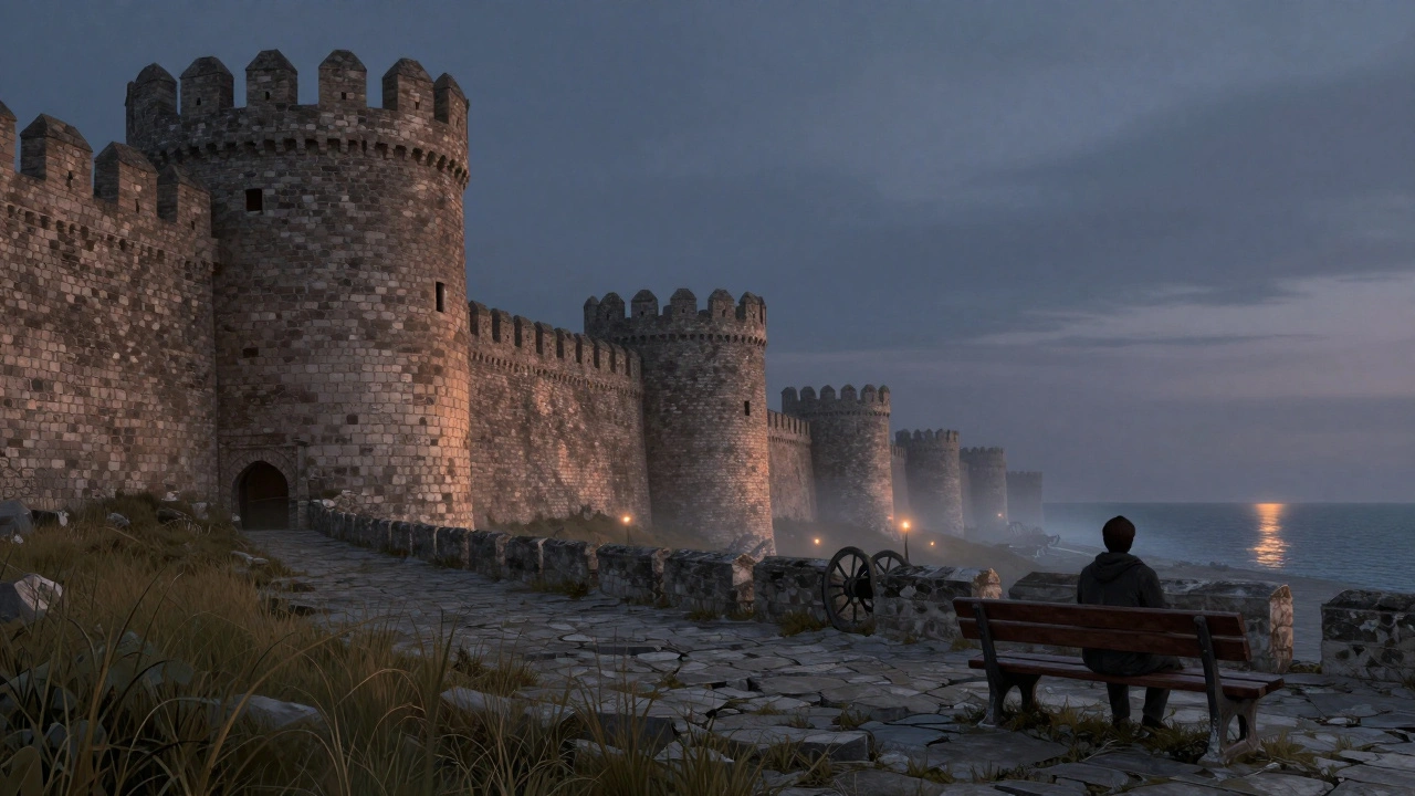 Theodosian Walls at twilight with a solitary figure overlooking ancient fortifications.