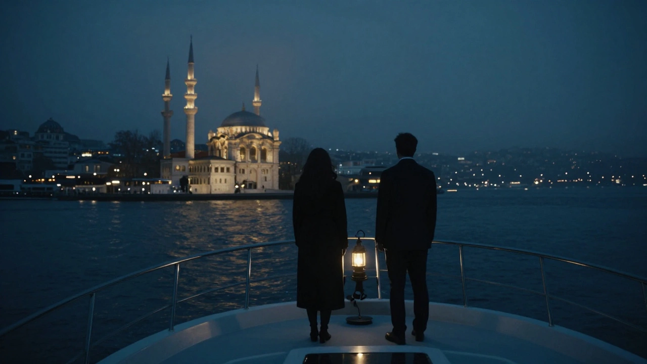Two figures standing in silence on a private yacht at night, cruising the illuminated Bosphorus.