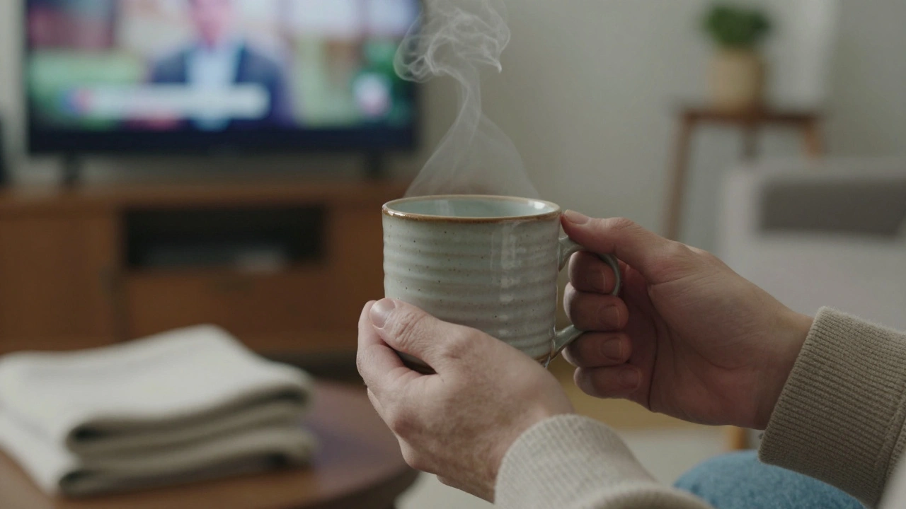 Two hands exchanging a mug of tea in a softly lit living room, no faces visible.