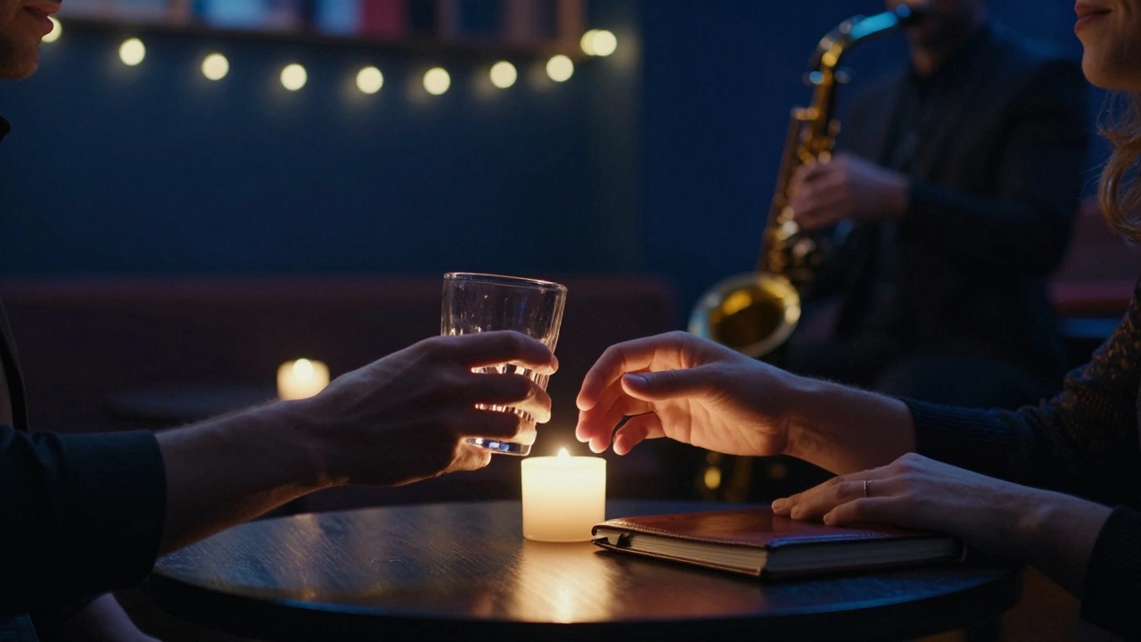 Two hands meeting over a candlelit table in a quiet jazz lounge, no faces visible, intimate and discreet.