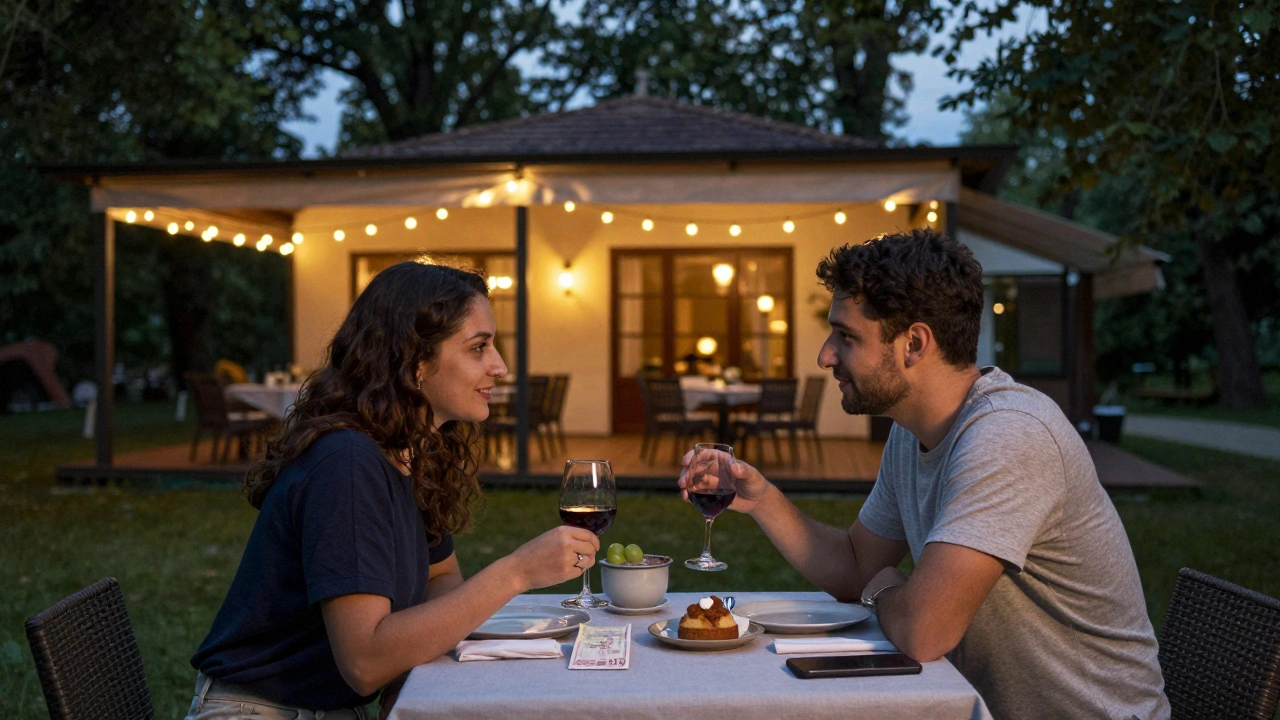 Two people enjoying an intimate dinner on a villa terrace in the Princes' Islands at twilight.