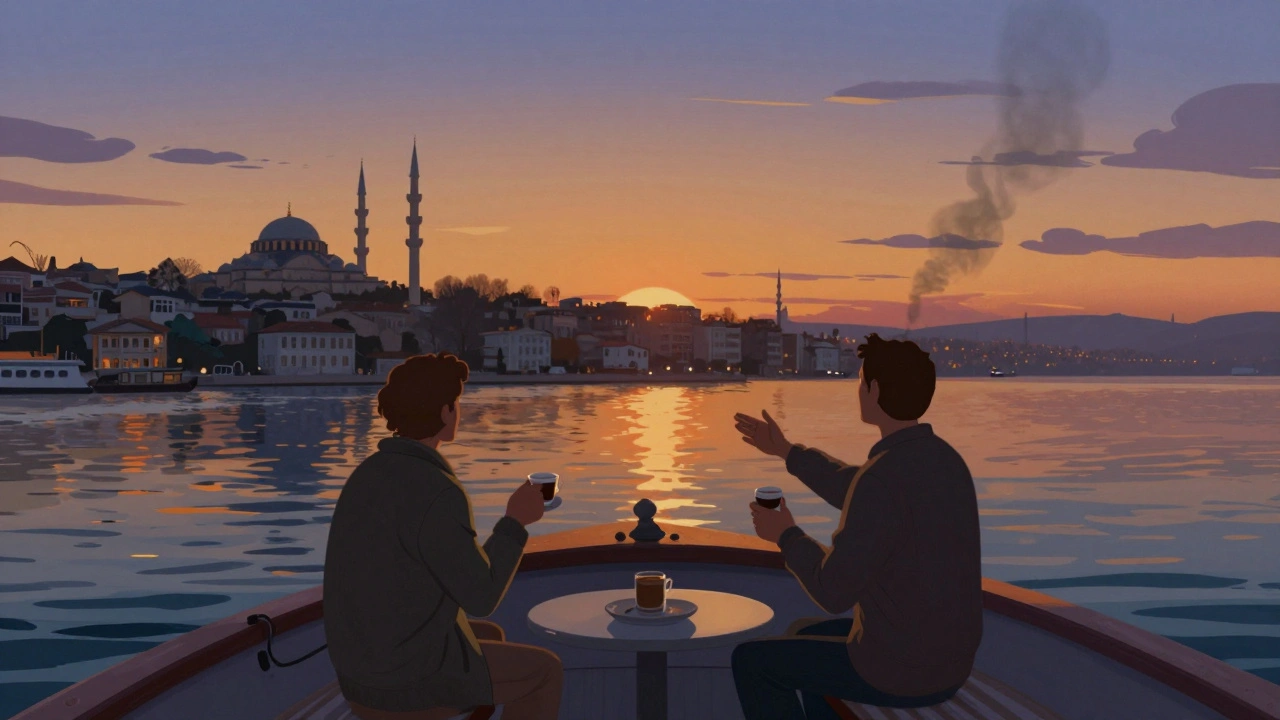 Two people on a quiet Bosphorus boat at sunset, overlooking minarets and waterside mansions.