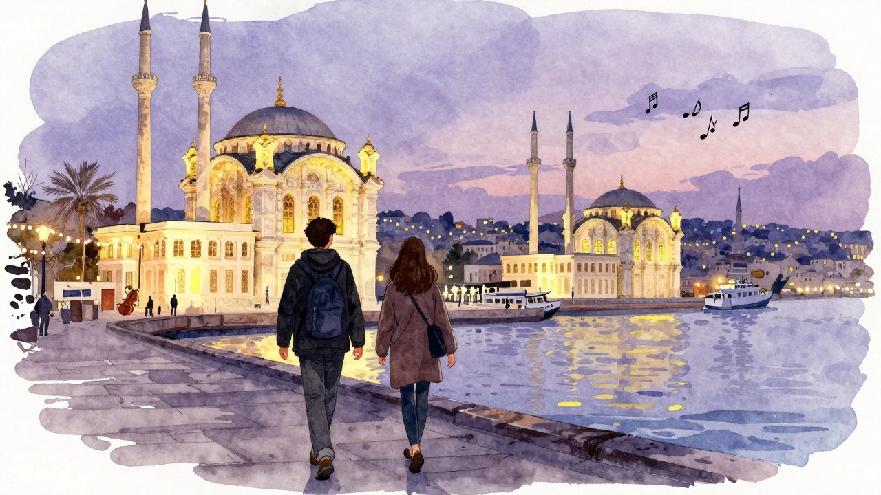 Two people walk calmly along Ortaköy pier at twilight, enjoying the view of illuminated boats and the mosque.