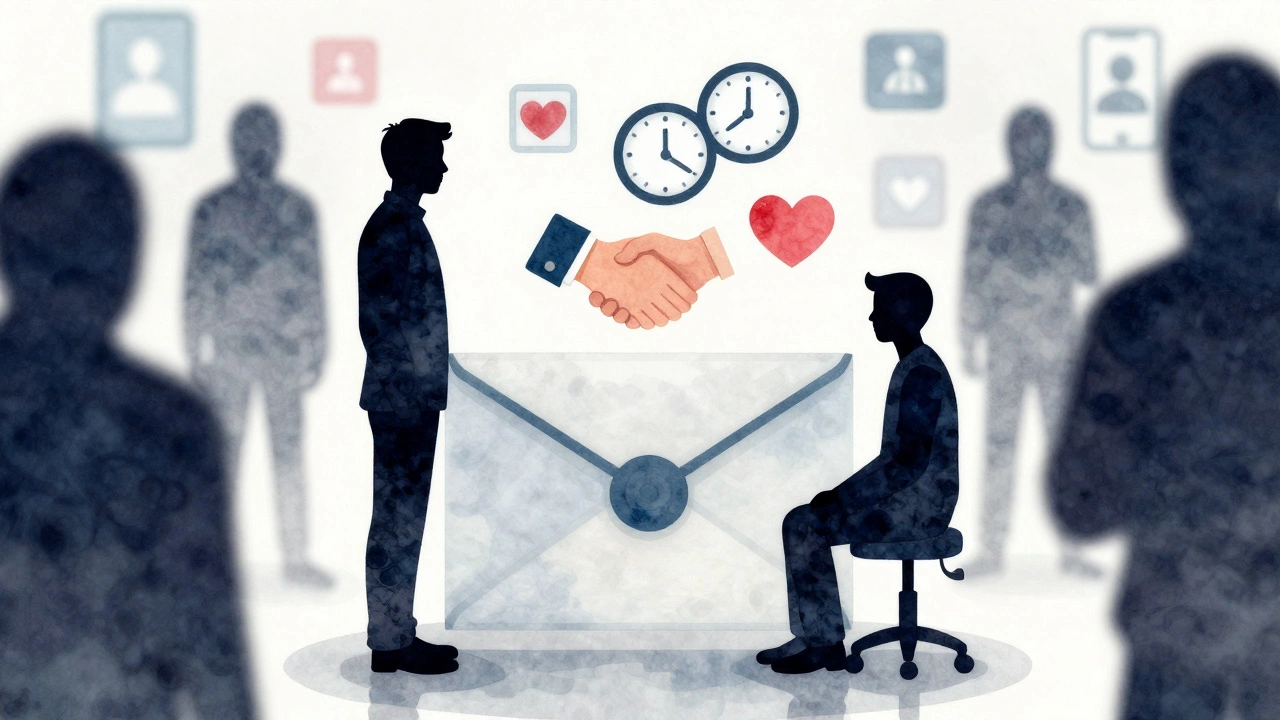 Two silhouettes separated by a cash envelope, with symbols of trust floating above them.