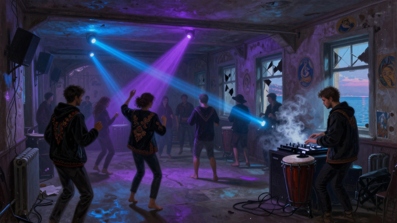 Underground EDM party in a historic building, crowd dancing under pulsing lights with traditional vests and modern hoodies.