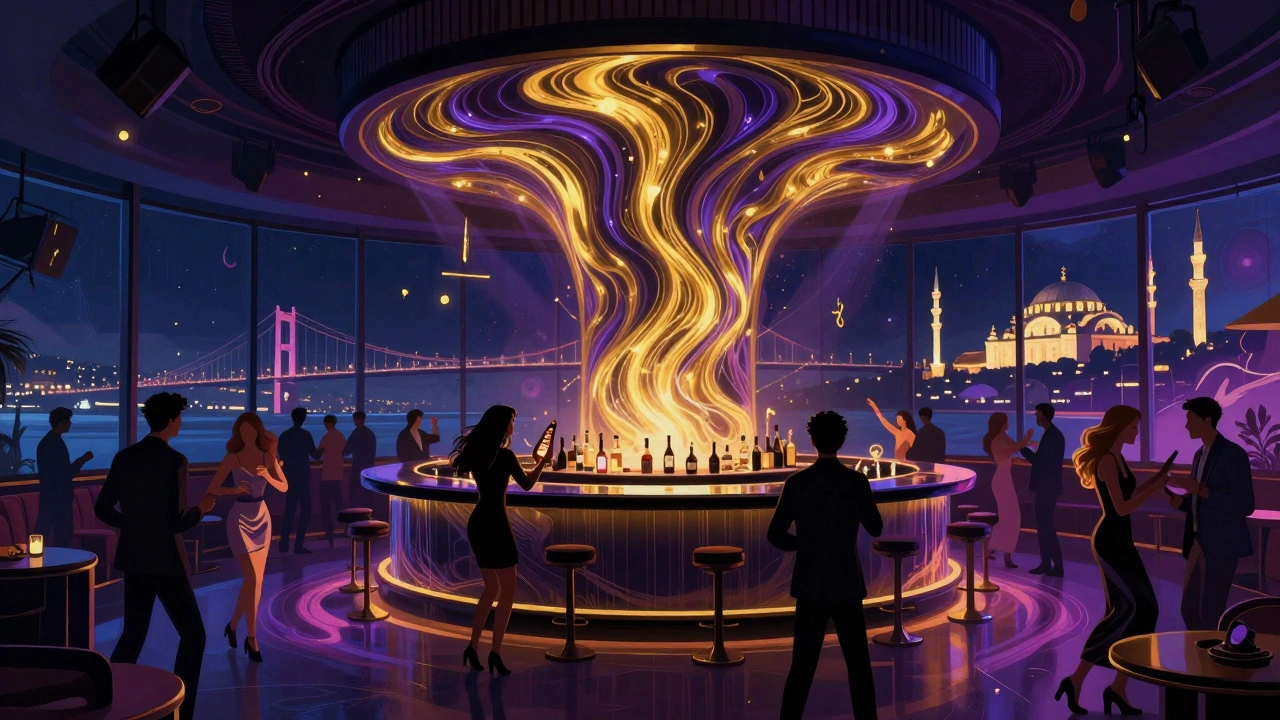 Vibrant nightclub interior with circular bar and panoramic city views, light patterns synced to music.