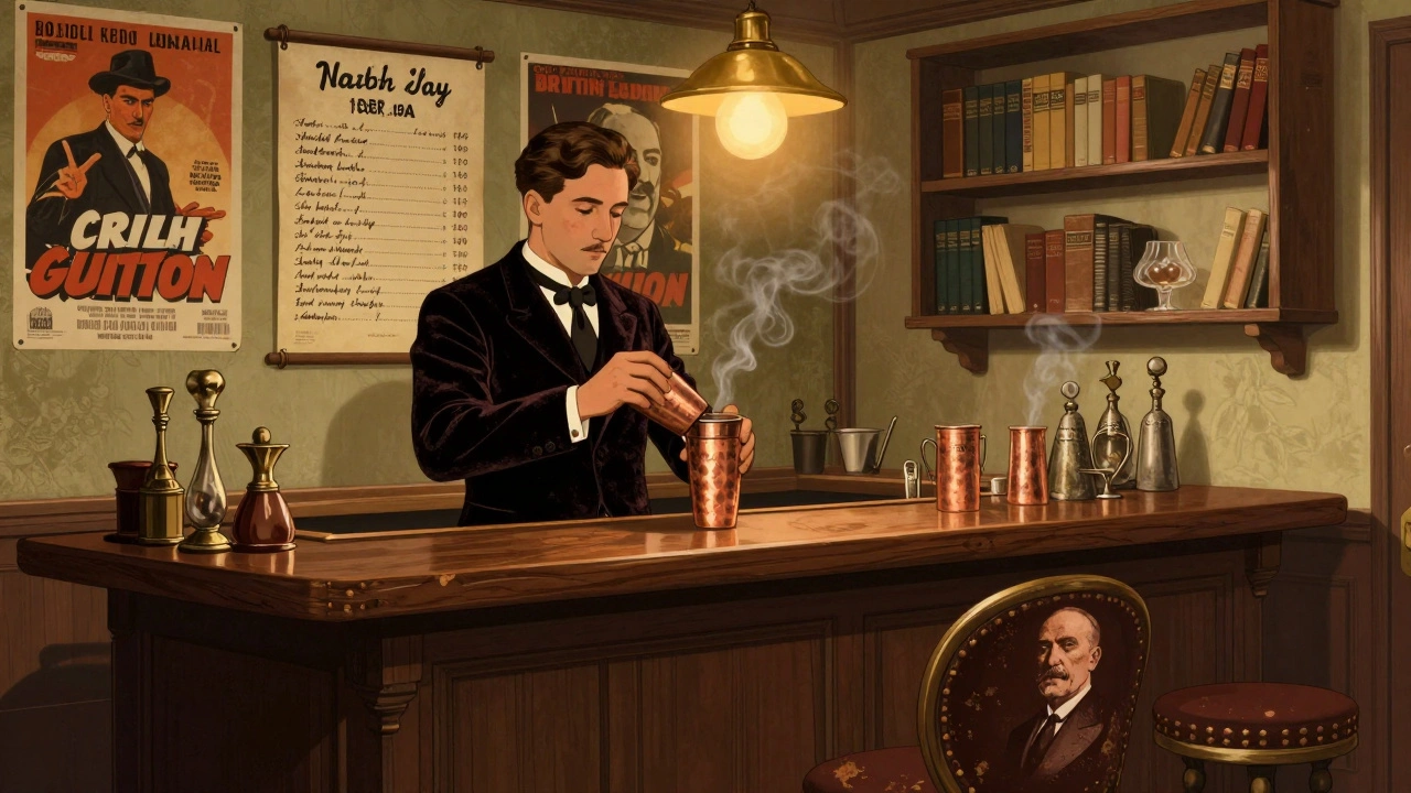 Vintage bar with velvet-clad bartender, copper shakers, and faded Turkish film posters on wooden walls.