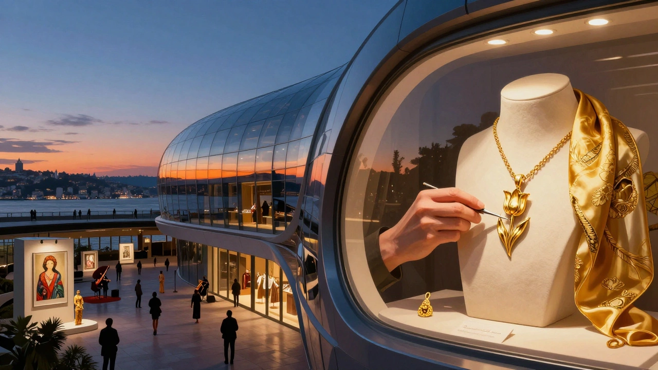Zorlu Center&#039;s curved architecture at sunset with a jeweler crafting a gold tulip pendant inside.