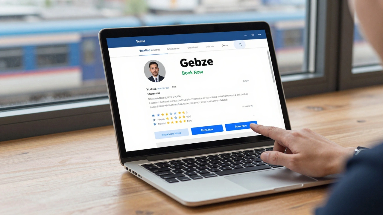 A hand hovering over a booking button on a verified escort service profile, with a train passing in the background.