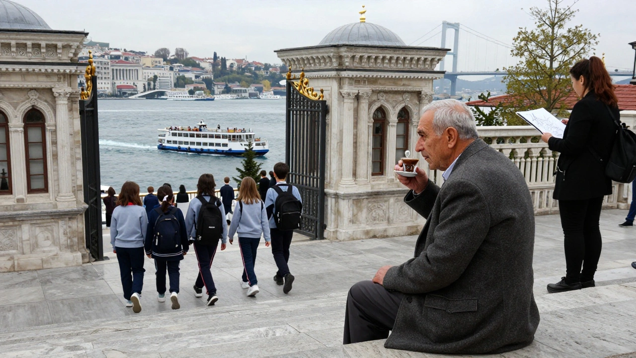 A local man sipping coffee on palace steps, overlooking the Bosphorus as schoolchildren walk by.