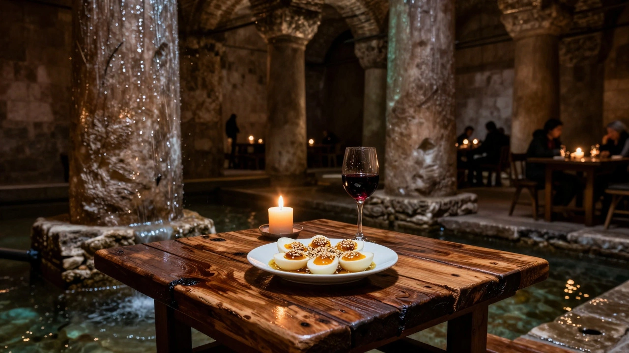 A meal in an ancient underground cistern at Sarnıç, lit by candles and surrounded by wet stone.