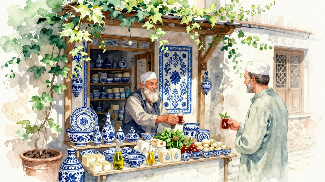 A quiet corner of Arasta Bazaar where a shopkeeper offers tea beside hand-painted ceramics and natural soaps.