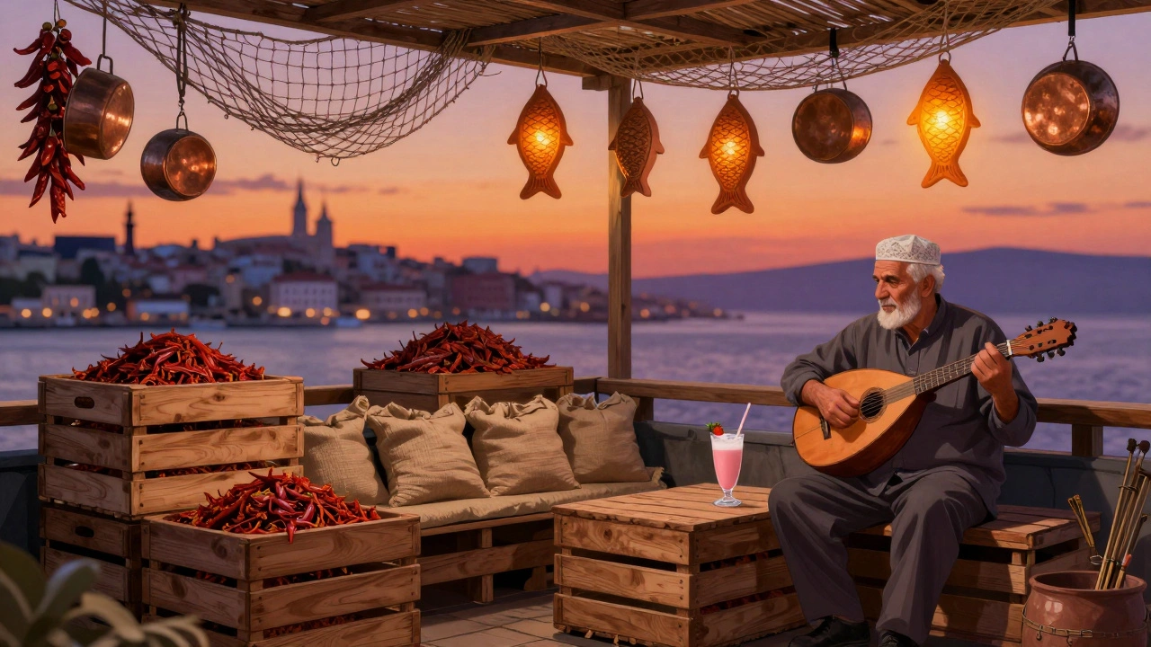 A rustic rooftop with fishing nets and clay fish lanterns, locals enjoying drinks as the sun sets over Kadıköy.