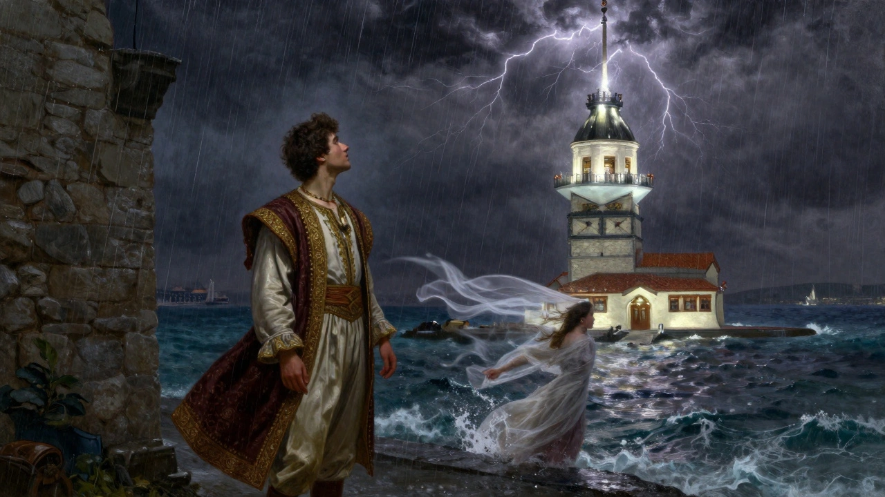 A sorrowful Ottoman nobleman watches the storm-lit Maiden's Tower as a woman's veil falls into the sea.