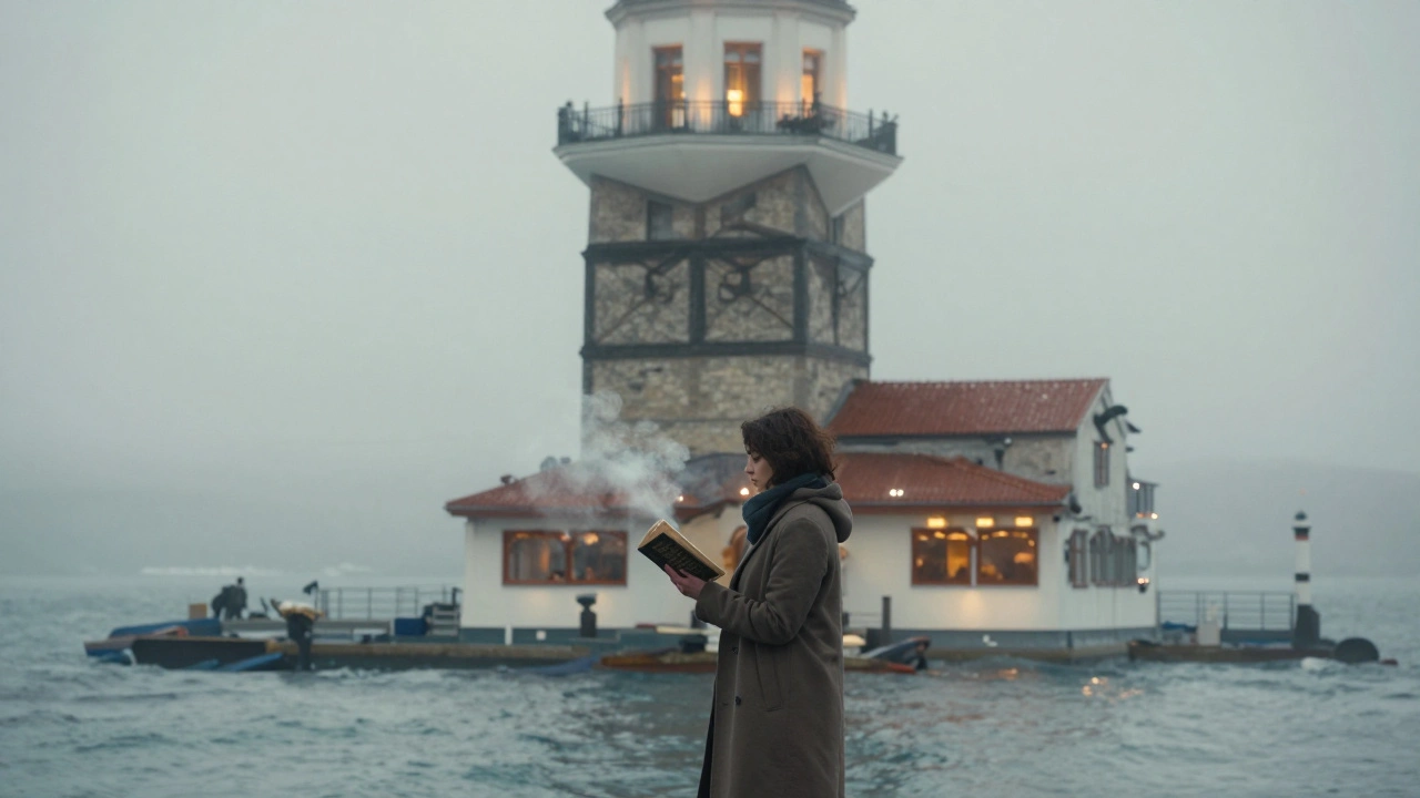 A woman on a ferry reads poetry as the Maiden's Tower emerges from morning mist, glowing softly in the fog.