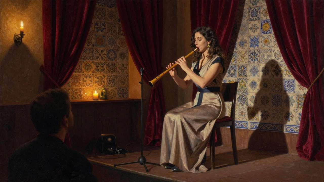 A woman playing a ney flute in a candlelit Ottoman music venue, guest listening intently in warm, ambient light.