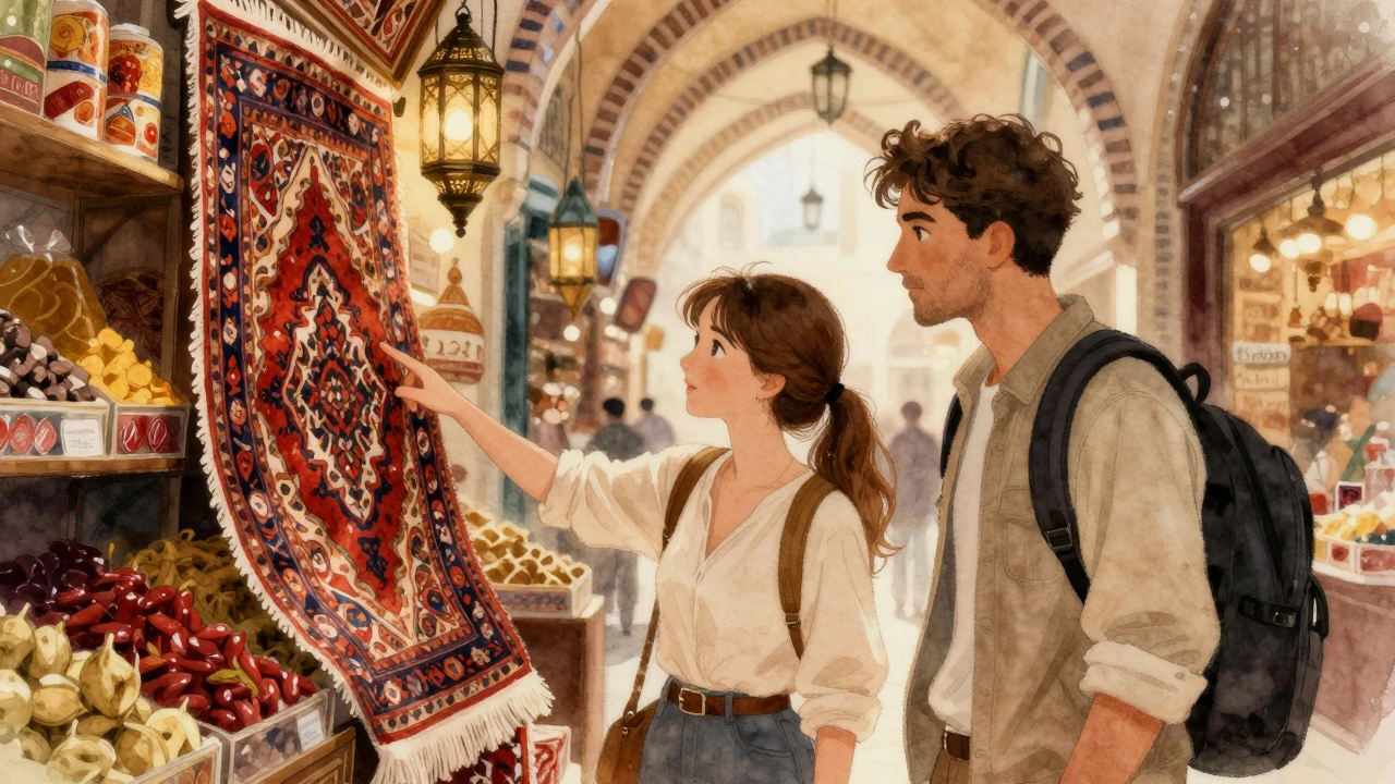 A woman shows a traveler a handwoven rug in the quiet corner of the Grand Bazaar.