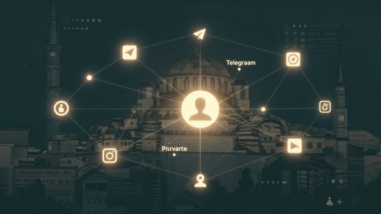 An abstract digital map of Istanbul with glowing connections between privacy-focused platforms, symbolizing a hidden worker safety network.