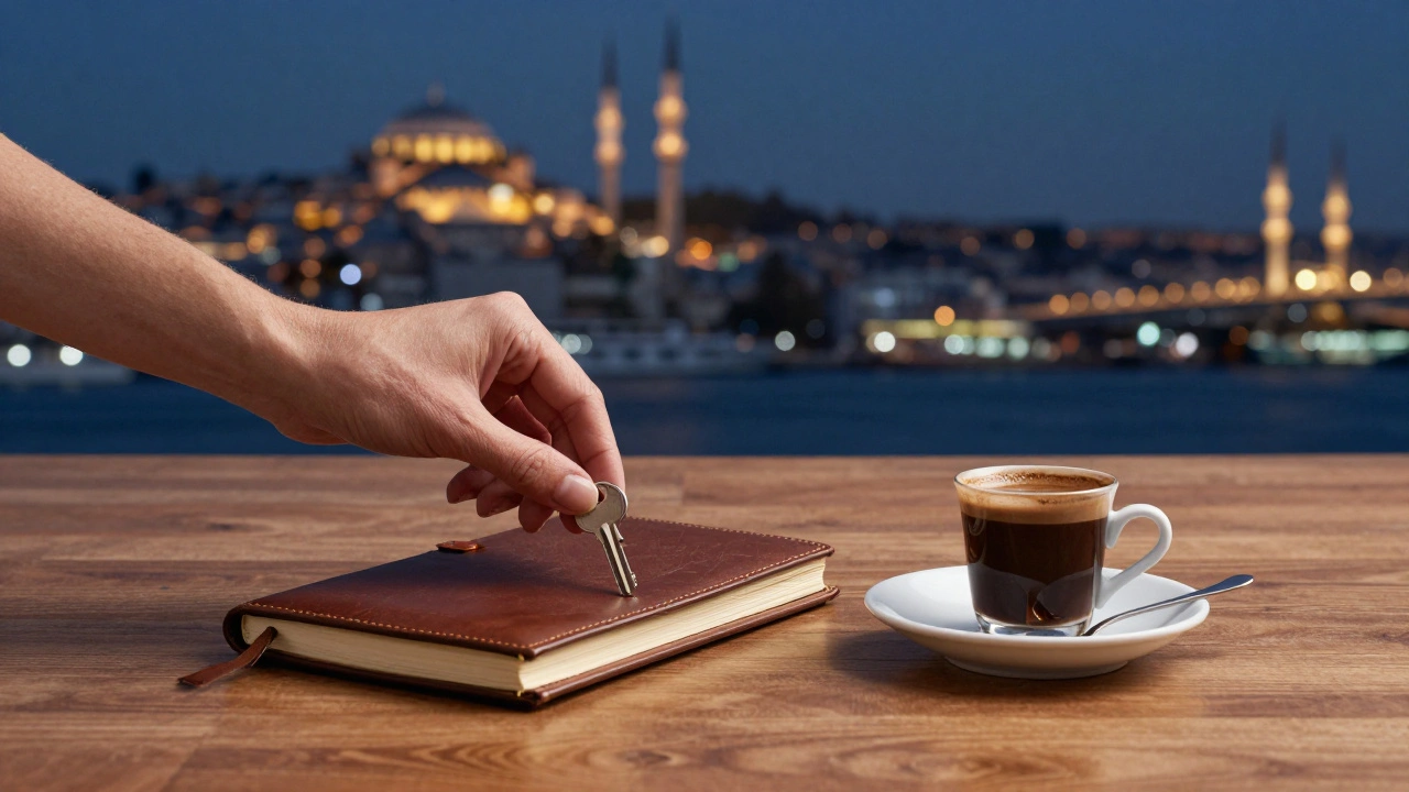 An elegant hand placing a key on a wooden table beside coffee and a notebook, with a blurred Istanbul skyline in the background.
