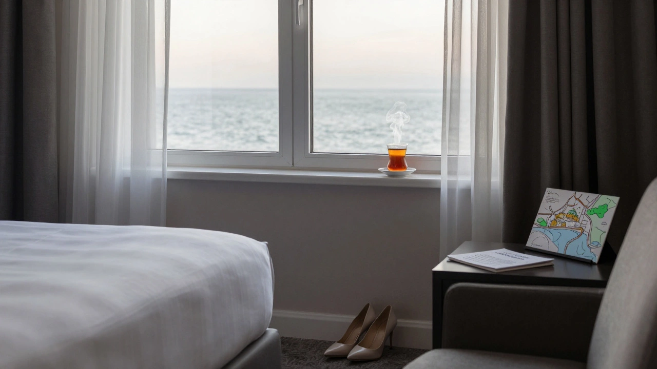 An empty luxury hotel room at dawn with tea and a map, overlooking the sea.