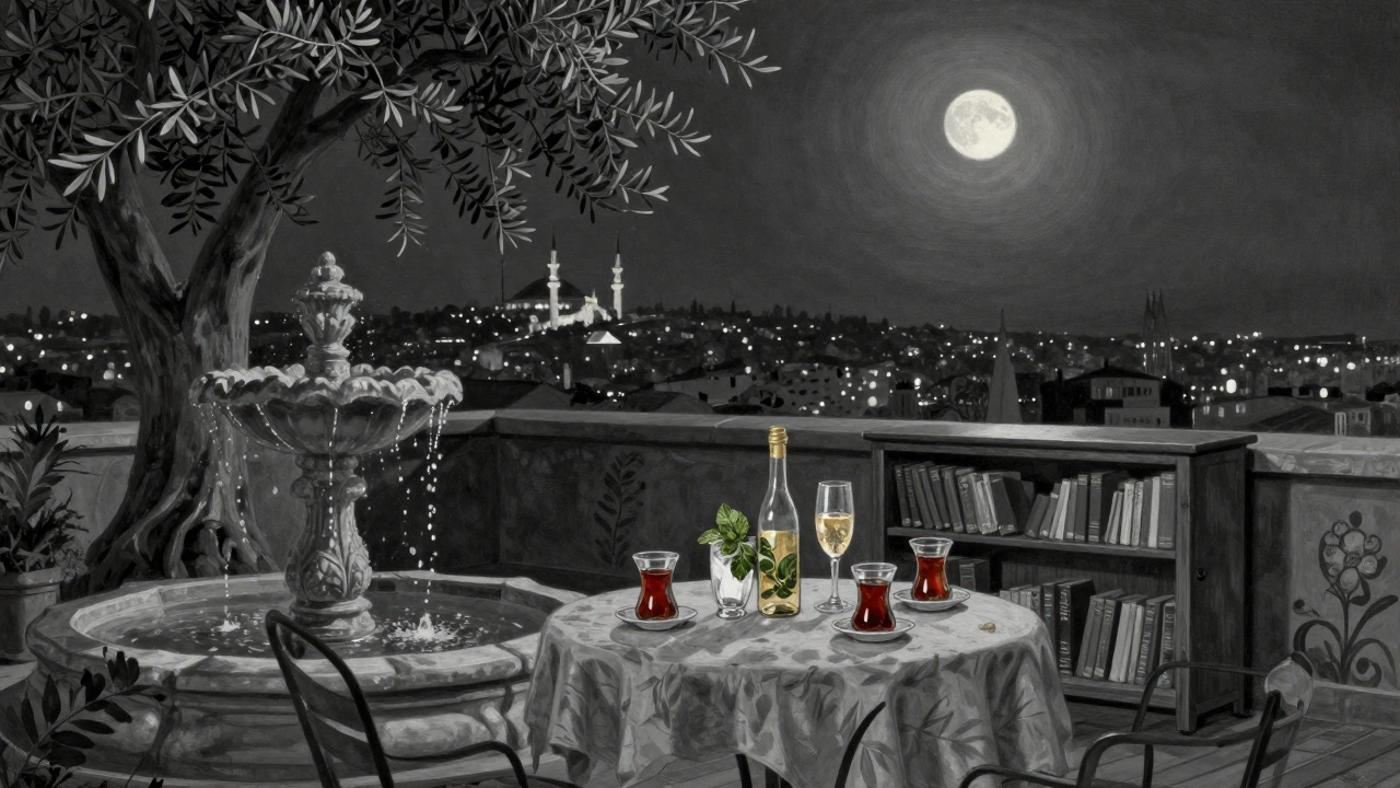 An intimate hidden rooftop garden with a fountain and olive trees, lit only by moonlight and quiet serenity.