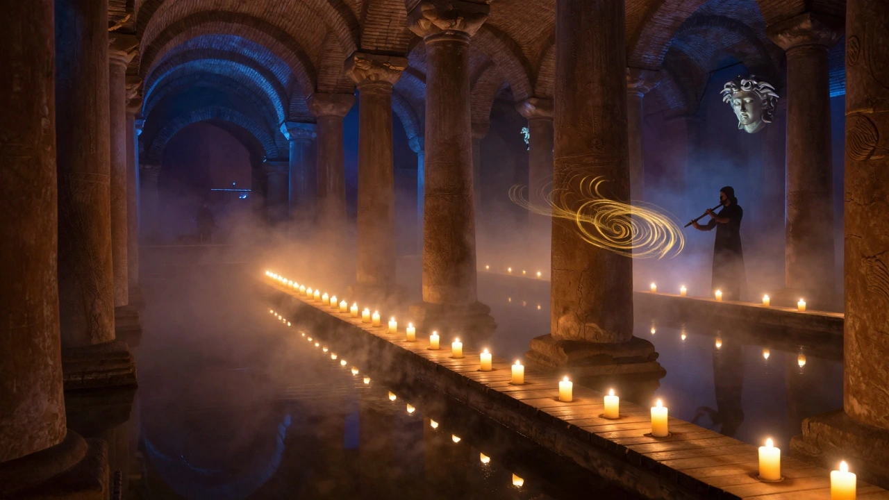 Candlelight reflects on water in the Basilica Cistern during a quiet concert, with a musician playing a ney flute in the distance.