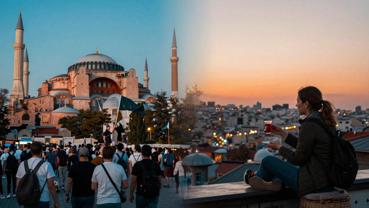 Contrasting crowded tour group with peaceful private moment on a rooftop overlooking Istanbul.