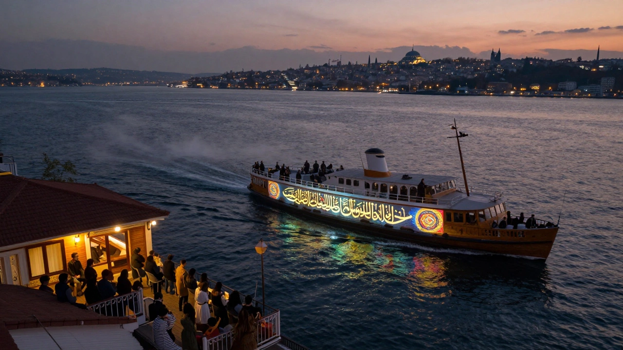 Floating ferry projected with Seljuk calligraphy under twilight Bosphorus skies, listeners in silhouette.