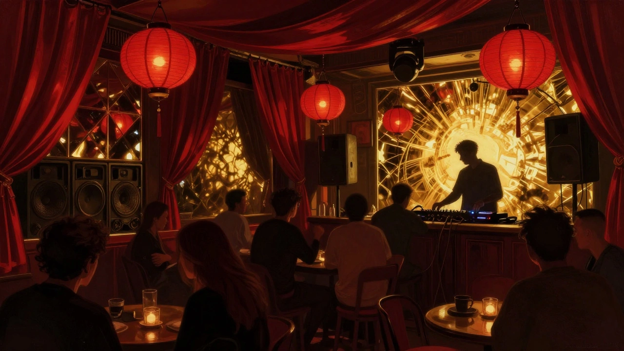 Hakkasan's intimate interior with red lanterns, silk drapes, and dancers lost in hypnotic rhythm under pulsing lights.