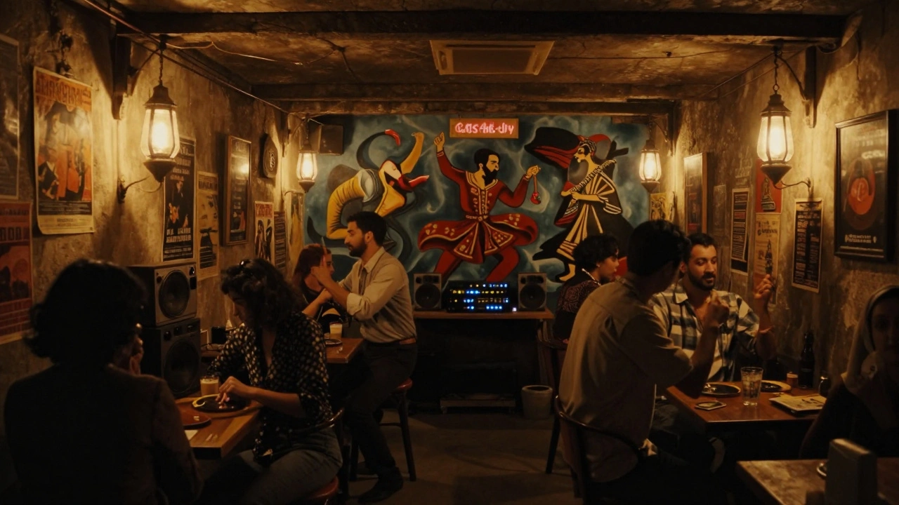 Hidden basement club Arkaoda with mural of Atatürk and dervish, patrons dancing in dim light.