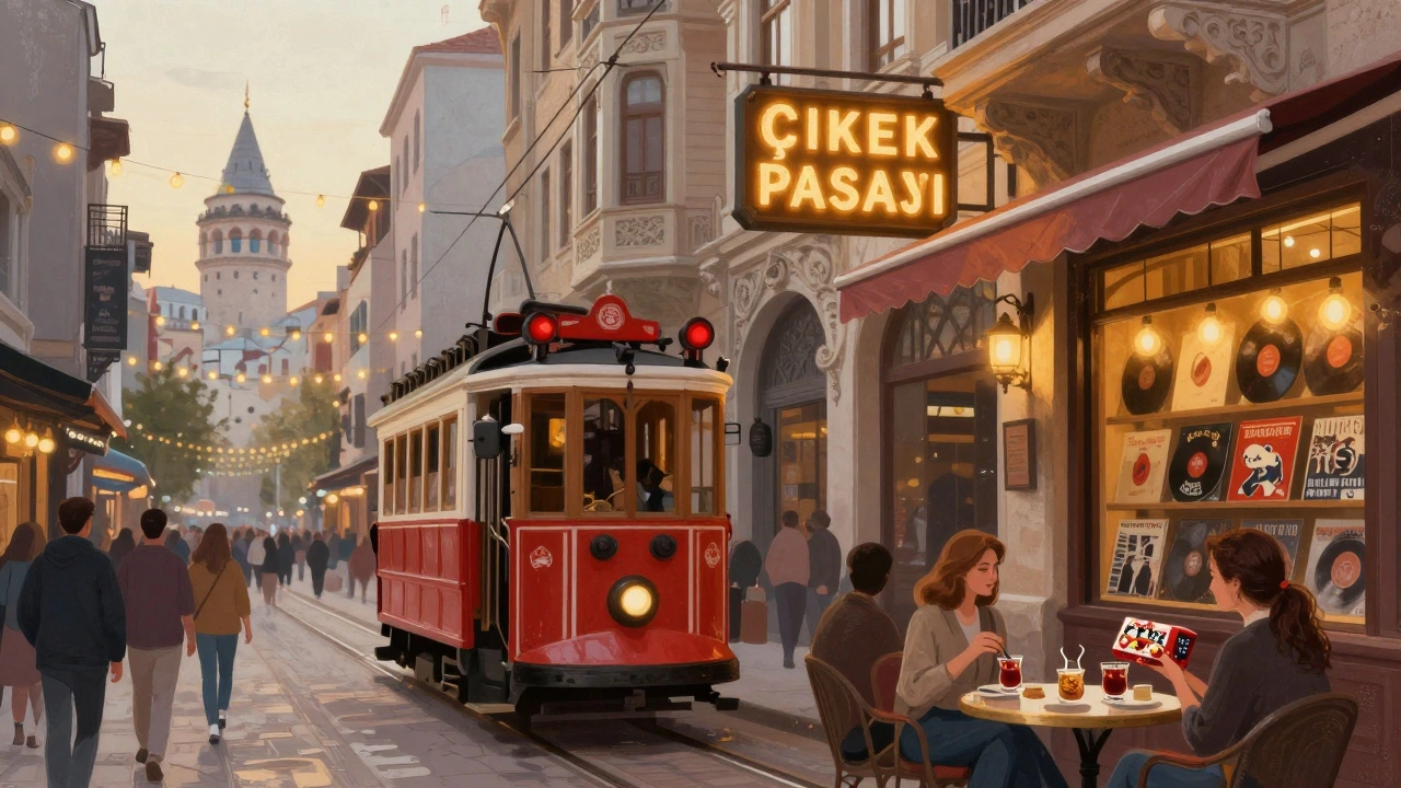 Istiklal Street at sunset with a vintage tram, glowing arcade, and people enjoying drinks under string lights.