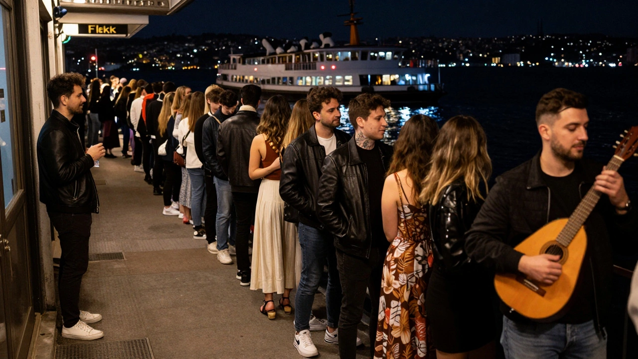 Line of stylishly dressed people waiting to enter Flekk at midnight, ferry crossing Bosphorus in background.