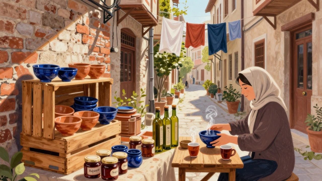 Narrow artisan alley with ceramic bowls, sweet cheese desserts, and olive oil bottles on wooden tables.