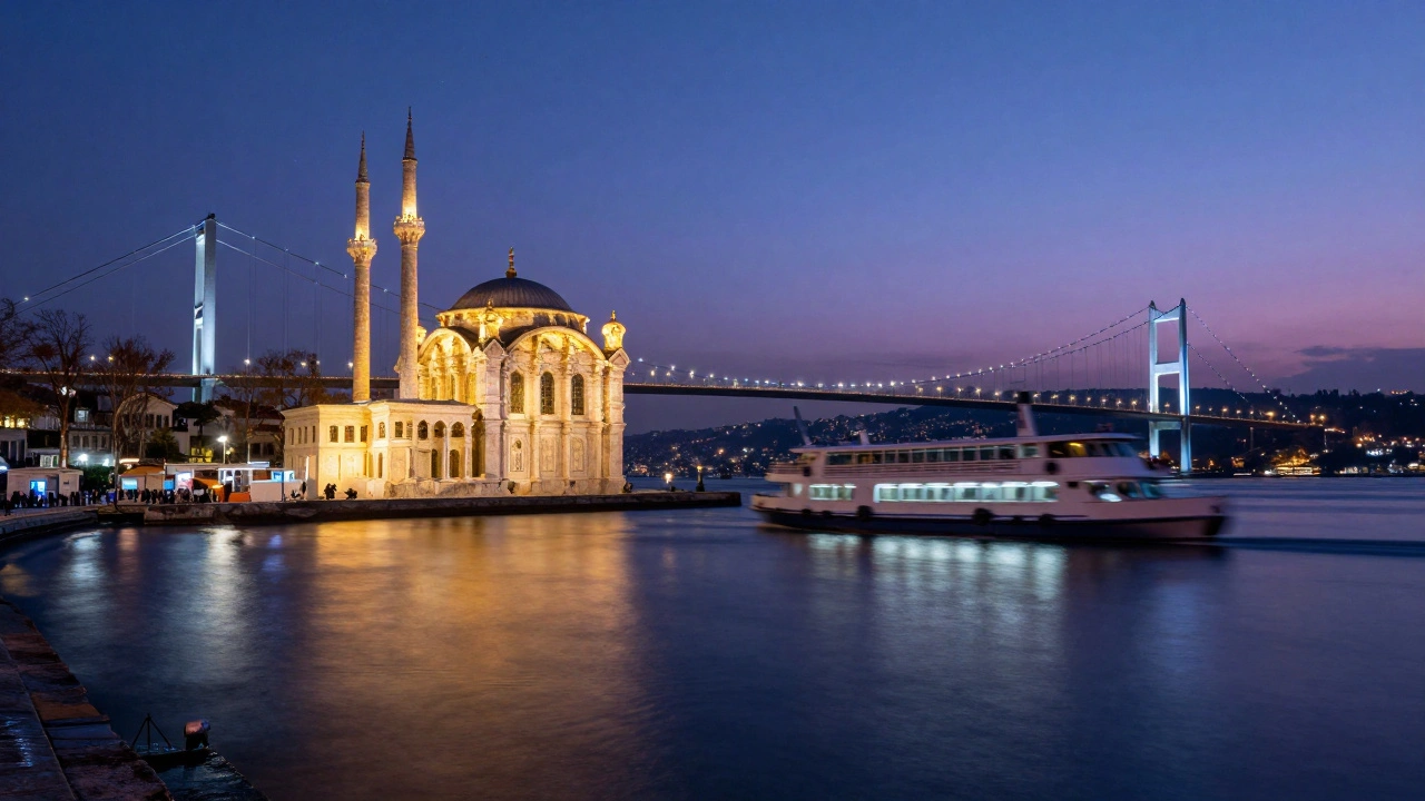 Ortaköy Mosque reflected in Bosphorus at twilight with glowing bridge and ferry.
