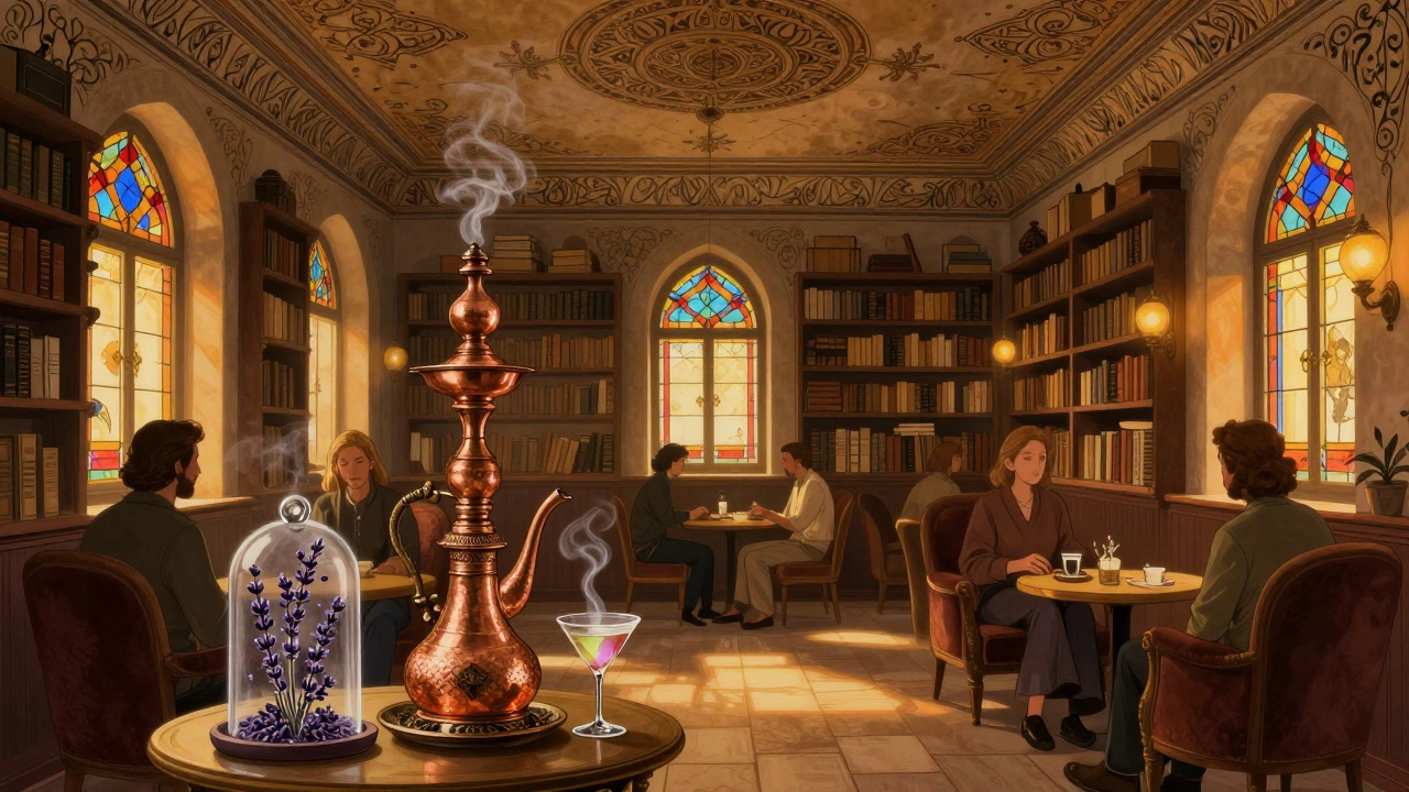 Ottoman bookbindery turned bar with arabesque ceiling and lavender smoke rising from a cocktail under glass.