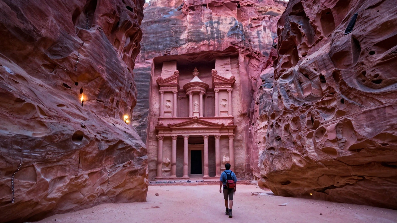 Petra's Siq gorge at twilight with towering pink cliffs and a lone traveler.