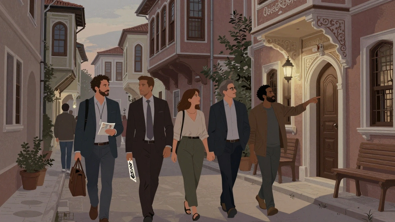 Professionals walking through historic Karaköy at twilight, exploring hidden courtyards and cultural landmarks.