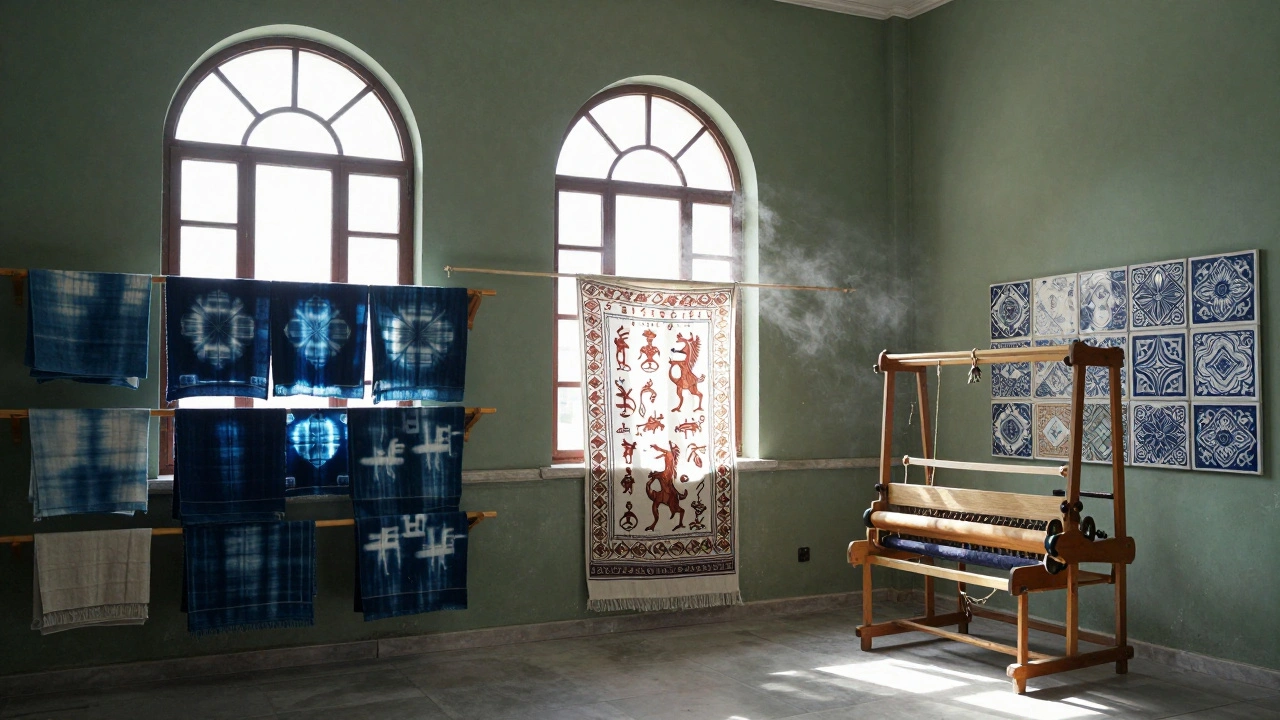 Quiet artisan hub with handwoven scarves and indigo towels, sunlight streaming through historic windows.