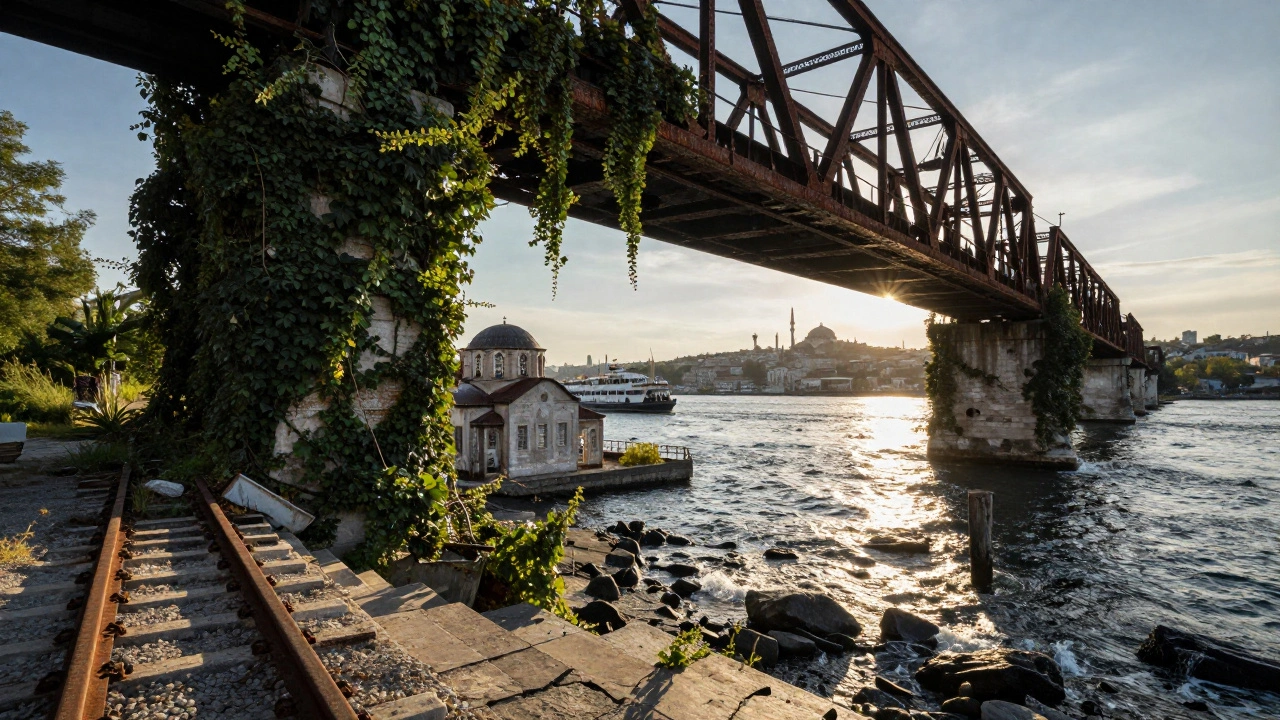 Rusted railway bridge overlooking Golden Horn with abandoned churches and drifting ferries.
